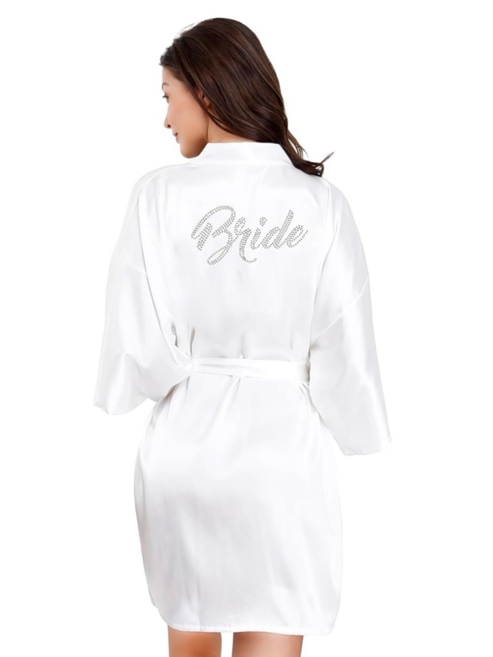 Bride Satin White Robe Silver Rhinestone Script